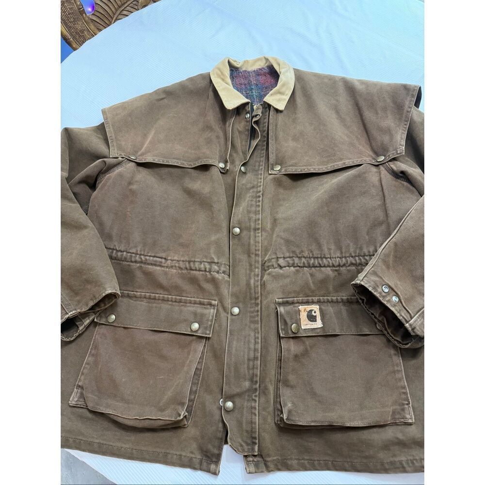 Carhartt Men’s Vintage Brown Cargo Canvas Chore Jacket Size 2X XXL See Measure
